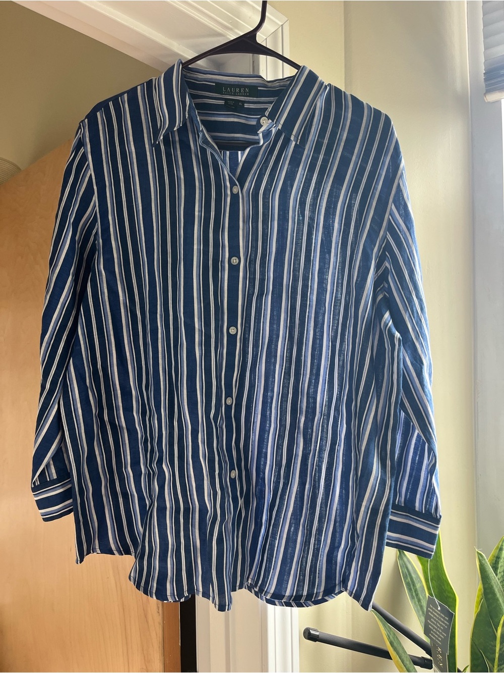 NWT Lauren Ralph Lauren 100% Linen Blue White Striped Button-Up Shirt XL